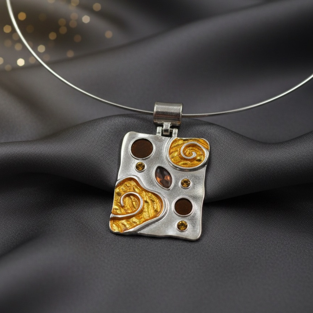 Stunning Art Nouveau Style Silver & Gold Tone Enamel Pendant Necklace